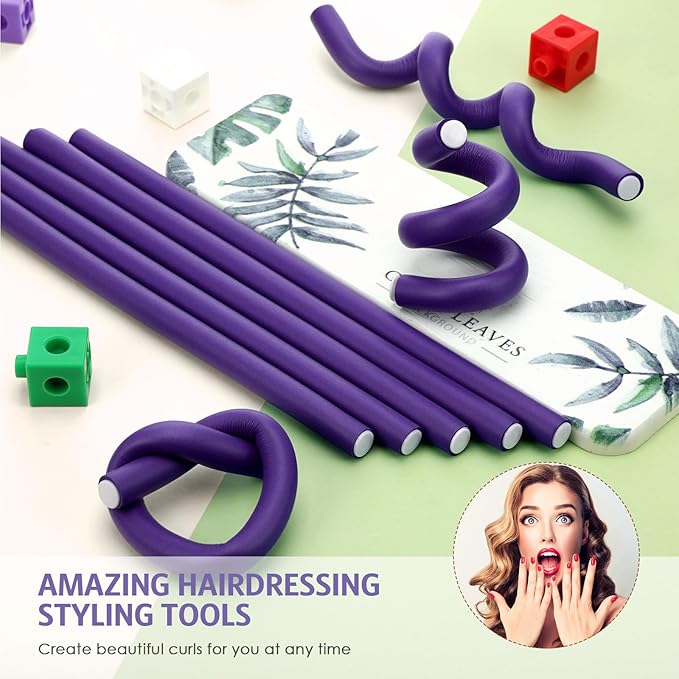 Syhood 30 Pcs 7'' Flexible Curling Rods Twist Foam Hair Rollers Soft Foam No Heat Hair Rods Rollers and 1 Steel Pintail Comb Rat Tail Comb for Women Long Short Hair(Purple,7 x 0.39 Inch)