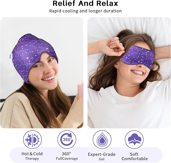 my novel things Migraine Relief Cap, Gel Cooling 2 Pack Set, Headache Relief with Hot/Cold Ice Cap, Instant Headache Relief, Reusable Ice Pack for Stress Sinus Relief Migraine Mask Gift for Women Man