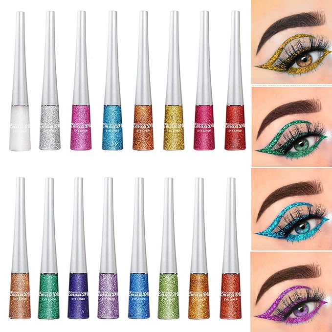 16 Colors Glitter Eyeliner Liquid Set, Metallic Glitter Liquid Eyeshadow, Waterproof Long Lasting White Silver Rose Gold Pink Colorful Rainbow Eyeliners Gifts Mother's Day for Women