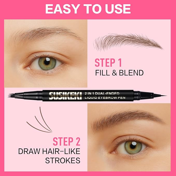 SUSIKEKI Dual Ended Microblading Eyebrow Pen - 2 in 1 Liquid Eyebrow Pencil with Brow-Fection Angled Brush & Precise Detail Brush-Tip, Shapes & Fills Hair-Like Brows, Lasts All-Day, Black Brown