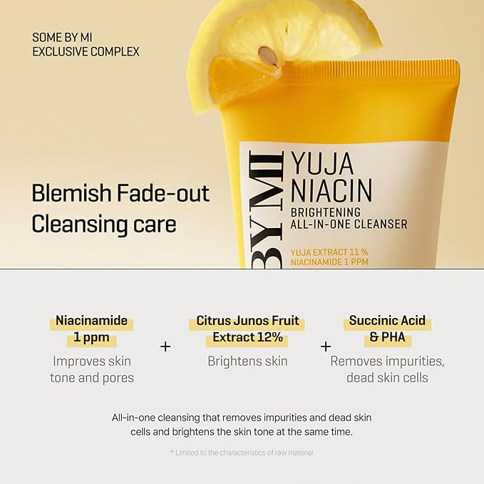 SOME BY MI Yuja Niacin Brightening All in One Cleanser - 3.38Oz, 100ml - Mild Daily Face Wash for Dull-Looking Skin - Low pH Formula with No Irritation - Pore and Sebum Care - Korean Skin Care