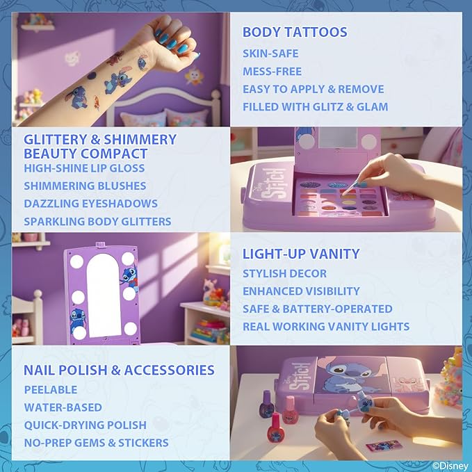 Disney Stitch Beauty Vanity Set with Light-Up Mirror, Includes Lip Gloss, Eyeshadow, Blush, Brushes, Nail Polish, Accessories, Batteries Not Included, Ages 13+, for Gift-Giving, by Townley Girl