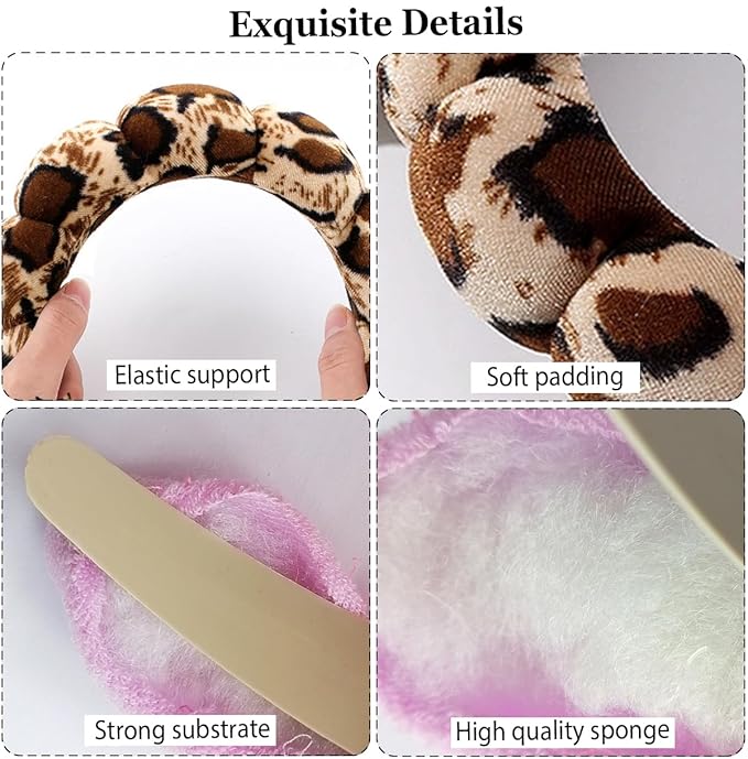 Spa Headbands Puffy Makeup Skincare Headbands for Washing Face or Facial, Terry Cloth Fabric Hairbands for Makeup Removal Shower Skin Treatment(Large Leopard Print)