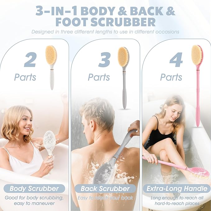 Foot Brush & Back Scrubber Set, 27.5'' Adjustable Foot Scrubber for Shower, 18.9'' Shower Back Scrubber with 3-Length Usage, Great Aid for People with Limited Mobility(White Set)
