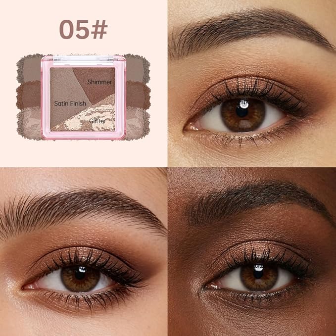 Warm Brown Gold Shimmer Baked Eyeshadow Palette, 3 Color High Pigment Blendable Eye Shadow Makeup for Older Women, Travel Mini Palette Suitable for All Eye Shapes, Vegan Cruelty-Free Glam Look 05#