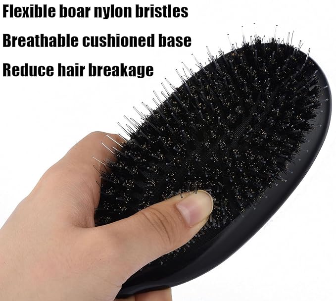 Boar Bristle Detangling Paddle Hair Brush for Curly Fine Wavy Hair, Anti-frizz Painless Detangler Brush Boar Nylon Mixed Bristle Styling Hairbrush for Women Men, Less Pulling and Hair Breakage