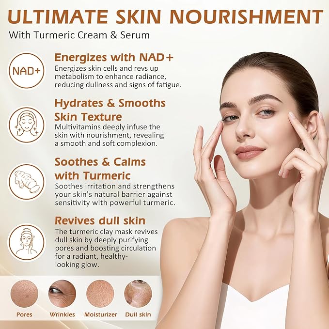 2-Pack All-Natural Turmeric Skin Cream & Nad+ Turmeric Clay Mask, Cleanses Skin, facial Repairand Moisturizing, Lighten Dark Spots, Evens Skin Tone & Anti-Aging