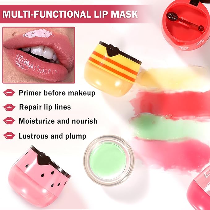 4 PCS Bee Lip Balm Honey Pot,Honey Strawberry Watermelon Apple Lip Mask, Reduces Lip Lines,Hydrating Exfoliating Lip Balm