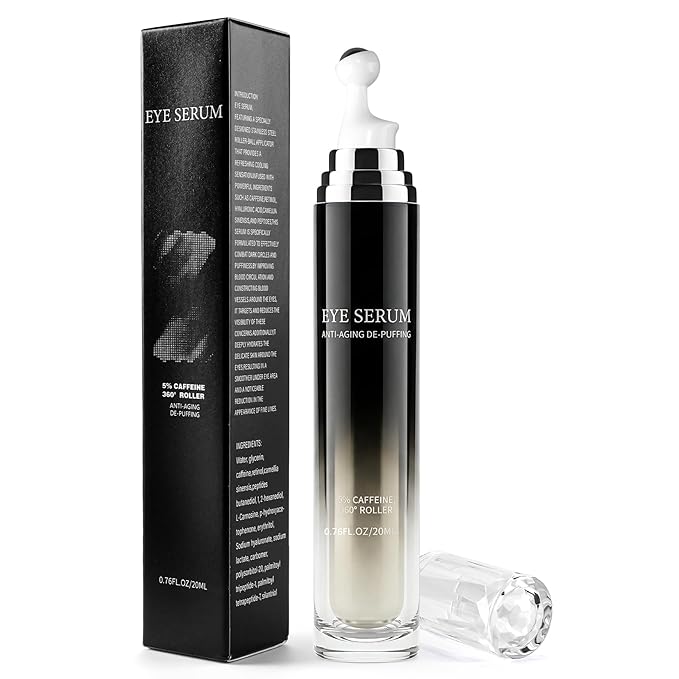 Eye Cream 360°Massage Roller, Caffeine and Under Eye Serum Roller for Dark Circles Puffiness Bags- Retinol, Peptides Reduce Wrinkles Fine Lines, Brightens, Formula Upgraded, 0.76fl oz
