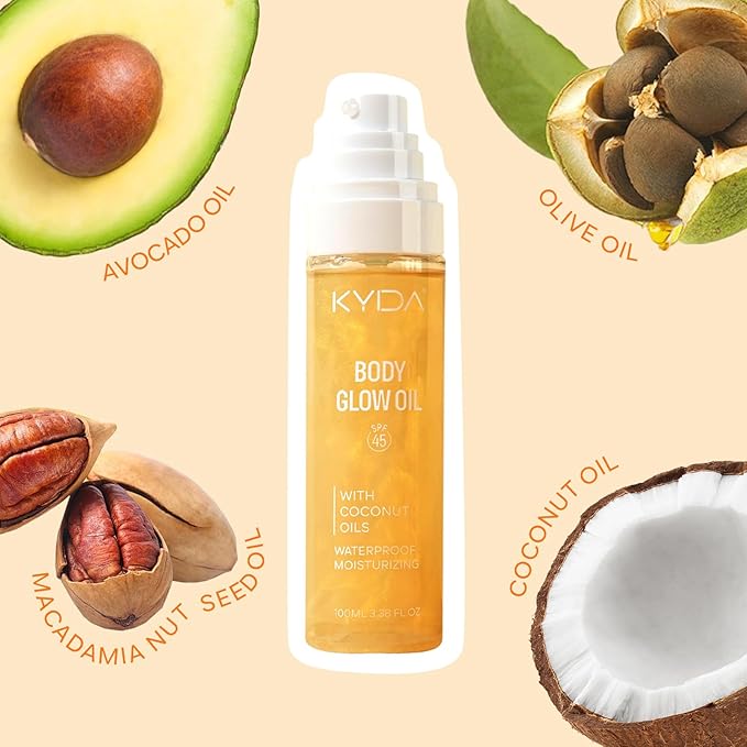 KYDA Travel Size Sunscreen, SPF 45 Body Glow Oil with Sequin Mica, Lightweight Moisturizing Coconuts Sunscreen SPF Glow Oil, Sun-kissed Shimmer Body Lotion, Water Resistant, 3.38 fl oz, GOLD