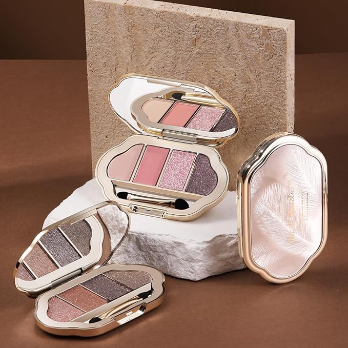 4 Colors Neutral Nude Eyeshadow Palette, Matte & Shimmer + Glitter Shades, Peach Bronze Cocoa Warm Tones, Blendable Long-Lasting Eye Shadow for Mature Women, Blue & Green Eyes, Natural Daily Makeup