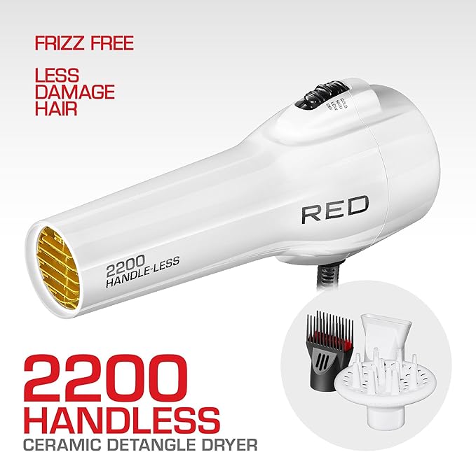 Red by Kiss Handle-Less Ceramic Tourmaline Hair Dryer, 1875W Ergonomic Grip, White, Includes 3 Attachments, For Detangling, Straightening, and Frizz-Free Shine