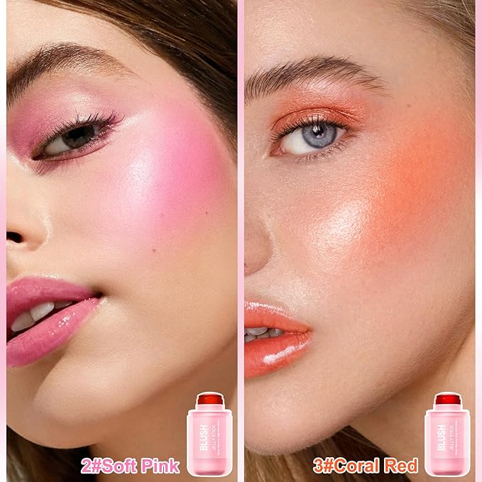 2 Pcs Jelly Blush Contour Stick for Cheeks Eyes Lips Lightweight Dewy Finish Blush Stick Waterproof Long Lasting Contour Trio Wand Face Makeup Set for Wome (2PCSB（3+4）)