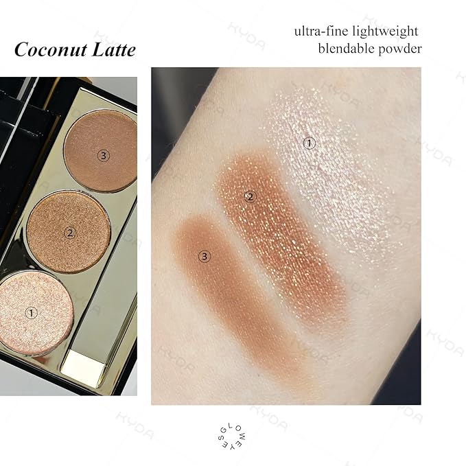 KYDA 3 Colors Eyeshadow Plaette, Shimmer Brown Eyeshadow, Pearl Champagne Bronzer Eyes Shadow, Lasting High Pigment Neutral Earth Tone Eye Shadow, Mini Eyes Glitter Makeup Pallet for All Skin
