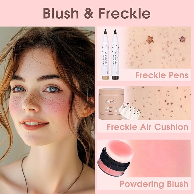 MARBUROLY Natural Freckle Coral Blush Makeup Kit- Liquid Fake Freckle Air Cushion, 2 Colors Freckle Pen, Powder Cushion Blush, Waterproof Long Lasting Freckles Marker for Cheek
