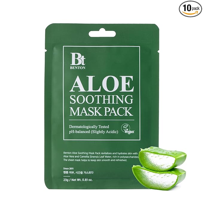 BENTON Aloe Soothing Mask Pack 23g 10 Pack (230g_new) - Aloe & Green Tea Leaf Water Contained Hydrating and Cooling Facial Mask Sheet, Fresh Moisturizing and Cooling Effect
