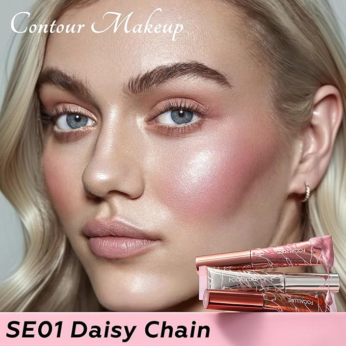 FOCALLURE 3 PCS Liquid Contour Stick,Moisturizing Highlighter,Blush and Bronzer,Silky Cream Contouring Pen with Soft Cushion Applicator,Long Lasting Face Illuminator Makeup,Daisy Chain