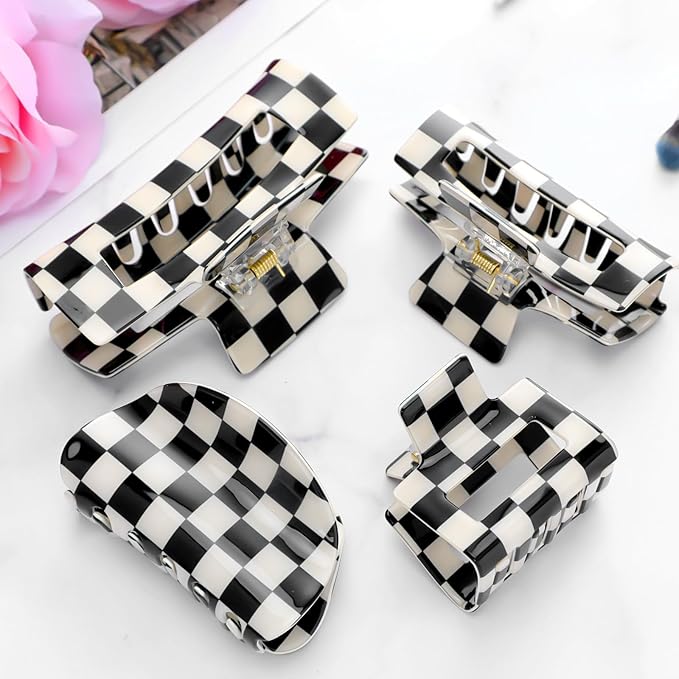 4Pcs Checkered Hair Claw Clips, Non-Slip Hair Jaw Clips for Thick, Thin, Curly, Straight, Long Hair, Simple Style Black and White Square Claw Clips, Women's Hair Accessories