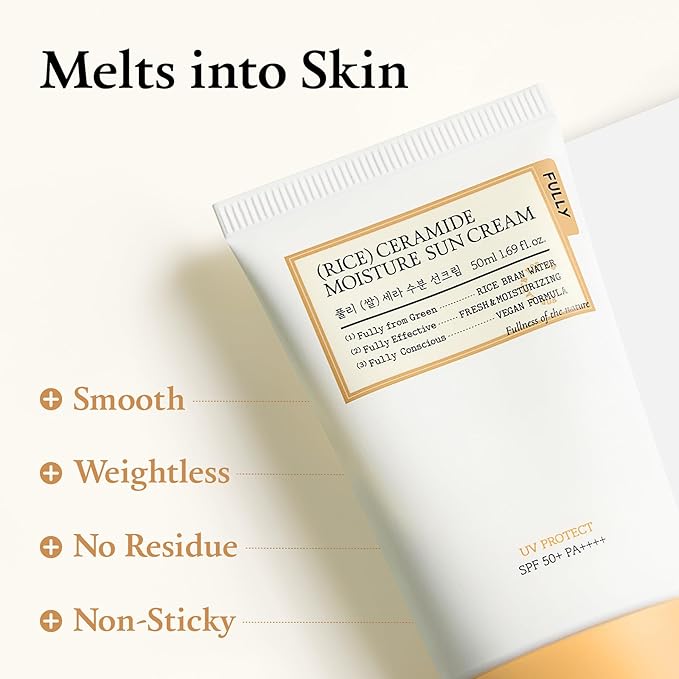 FULLY Rice Ceramide Moisture Sunscreen with PDRN, SPF 50 Broad Spectrum, Korean Sunscreen, For All Skin Types, No White Cast, Lightweight, Hydrating, Vegan, Korean Skin Care, 1.69 fl. oz.