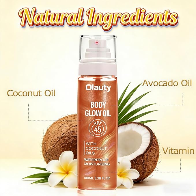 Body Glow Sunscreen Oil SPF 45, Shimmer Body Oil with Coconut Oils, Moisturizing Wateproof Glowing Oil for Body & Face, Lightweight, Glowy Finish,with Rose Gold Mica (Bronze Amber)