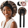 AWAYTR Satin Bonnet for Women - Leopard Print - Large - 2 Layered Silk Sleeping Cap with 3PCS Hair Scrunchies