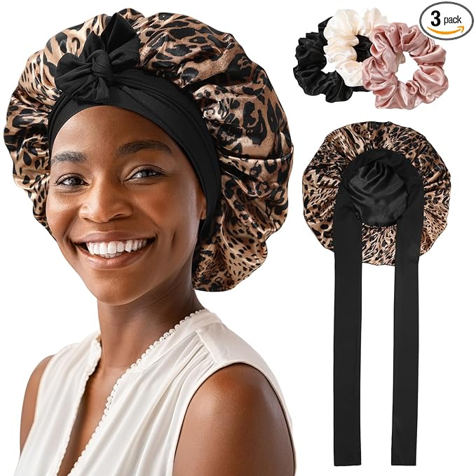AWAYTR Satin Bonnet for Women - Leopard Print - Large - 2 Layered Silk Sleeping Cap with 3PCS Hair Scrunchies