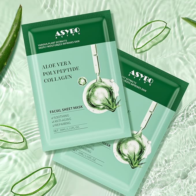 Pack of 10 Collagen Face Mask, Aloe Vera Polypeptide Collagen Facial Masks Skincare, Moisturizing Facial Sheet Mask for Acne, After Sun, Claming, Anti-Aging and Anti-Wrinkle