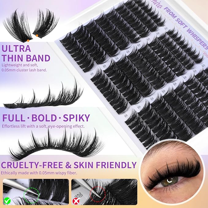 Kiromiro Lash Clusters Kit with Spikes Cluster Eyelash Extensions 12-20mm Fairy Wispy Eyelashes Clusters 216pcs Individual Fluffy DIY Cluster Lashe Kit (Bond and Seal, Tweezers included)