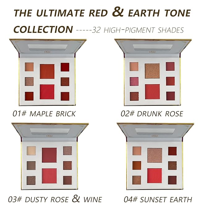 KAPEINE 4Pcs Eyeshadow Palette Set, 32 Colors Professional Eye Makeup Kit - Highly Pigmented Matte & Shimmer Nude Brown Red Pink Shades, Long Lasting Waterproof Makeup Palette for Women Girls Gift