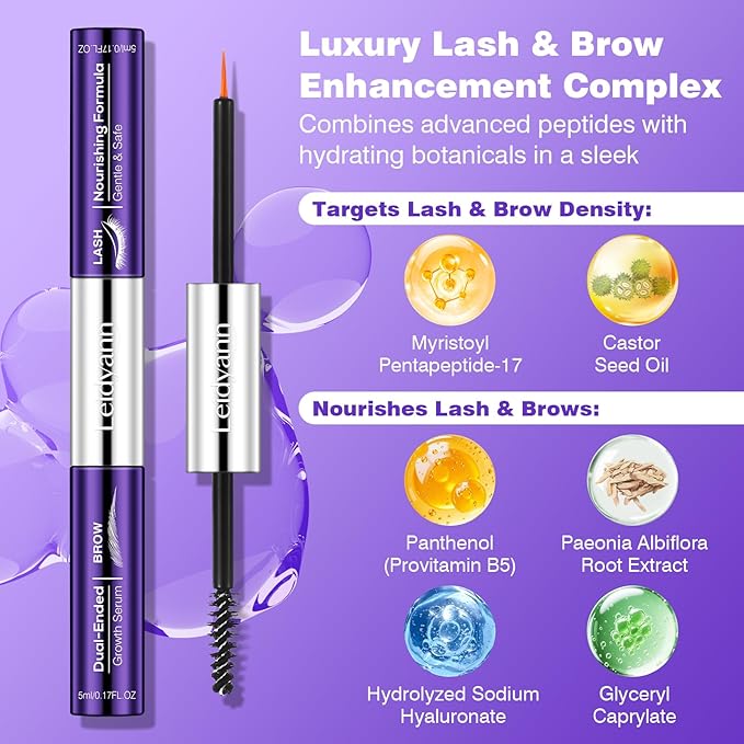 2-in-1 Lash & Brow Growth Serum, Dual-Ended Eyelash & Eyebrow Enhancer, Peptide & Vitamin Formula for Longer, Thicker Lashes and Fuller Brows, Eye-Safe, Vegan & Cruelty-Free, 5 mL + 5 mL