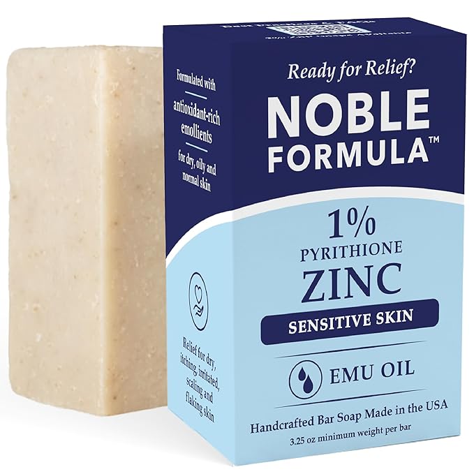 Noble Formula 1% Pyrithione Zinc Soap Bar with Emu Oil – Face, Body and Scalp Gentle Cleanser for Dry, Flaky and Itchy Skin, Sensitive Skin Formula, No Palm Oil, Handmade in the USA – 3.25 oz