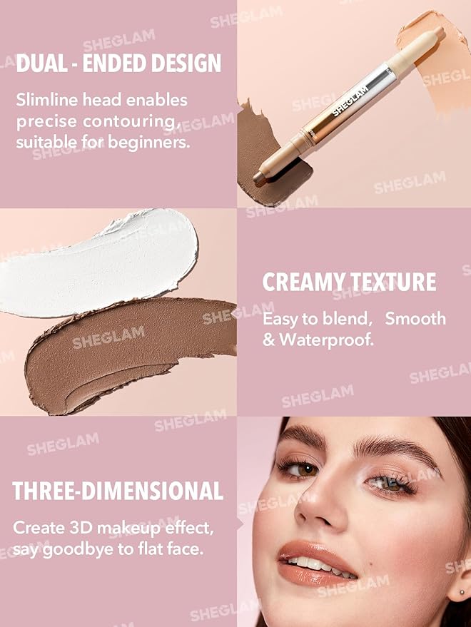 SHEGLAM Fine Line 2-In-1 Nose Contour & Highlight Pen Long Lasting Waterproof Cream Bronzer & Highlight Sticks-Buff