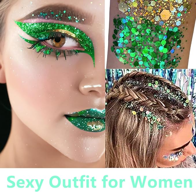 Go Ho Green Body Glitter,St Patricks Day Face Glitter Makeup,Green Face Paint Holographic Chunky Sequins Glitters for Eye Hair Nails,St Pattys Outfit Women Sparkle Accessories
