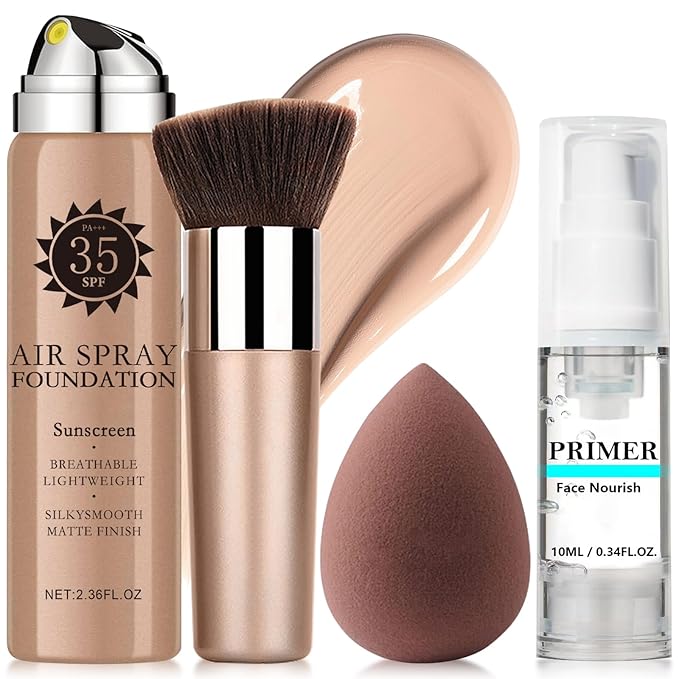 AirBrush Foundation Spray With Primer and Brush, Silky Mist Foundation Spray Makeup, Full Coverage Foundation for Smooth Radiant Finish, Formula Breathable Lightweight Hydrating (#1 Sunscreen Natural)