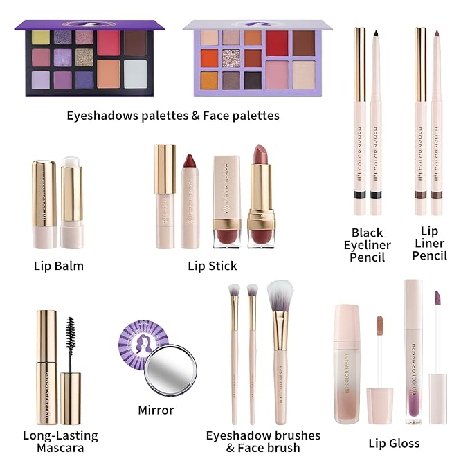 Color Nymph Makeup Gift Set For Teens, Full Kit With Make Up Kits Beginner Makeup Sets with Paper Exquisite Purple Cosmetics Box 2 Eyeshadow Palettes, Mascara, Lipstick, Lipgloss Makeup Set Brushes