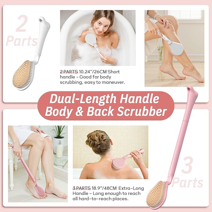 Back Scrubber for Shower & Silicone Bath Glove Set, 19’’ Detachable Long Handle Body Scrubber Wet or Dry Brush, Adjustable 2-in-1 Back & Body Brush with Soft Bristles for Deep Cleaning(Pink)