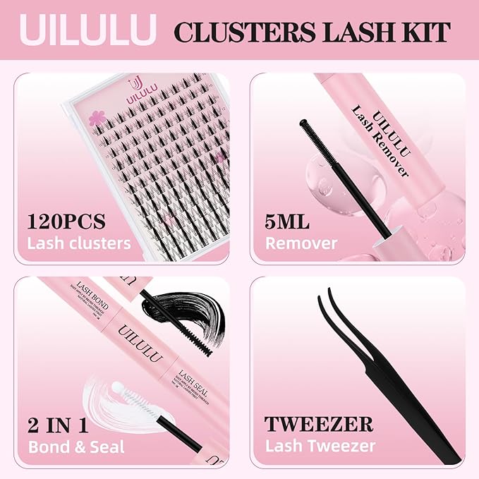 Uilulu Lash Clusters kit 10-16mm DIY Lash Extension Kit 120 D Curl Manga Lash Clusters 0.07D Wispy Individual Lashes Clusters False Eyelashes Eye Lash Kits At Home Lash Extensions Kit