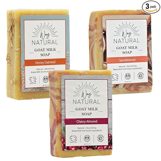 Goat Milk Soap Bar (Variety 3 Pack) - Natural Bar Soap for Men & Women - Handmade w/Real Milk, Hands/Body - Premium, Gentle, No Dyes - (Large, 5oz) Cherry Almond, Honey Oatmeal, Sandalwood