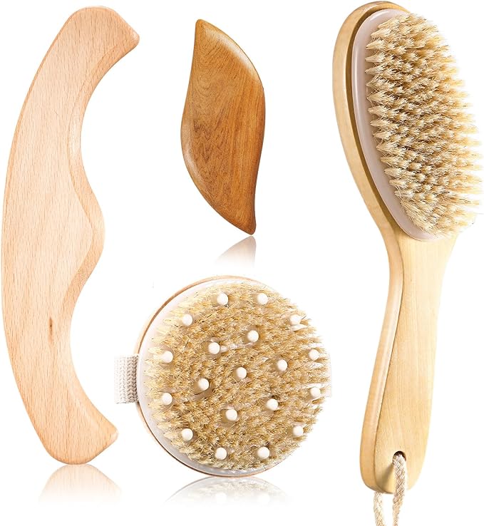 Lineshading 4 Pcs Dry Brushing Body Brush for Lymphatic Drainage Vegan Dry Brush with Wood Therapy Massage Lymphatic Drainage Tool Gua Sha Anti Cellulite Body Sculpting Sensitive Skin Exfoliation…