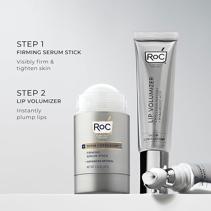Bundle of RoC Derm Correxion Lip Volumizer - Lip Plumper Peptide Treatment with Hyaluronic Acid & Vitamin E + RoC Derm Correxion Retinol Firming Serum Stick