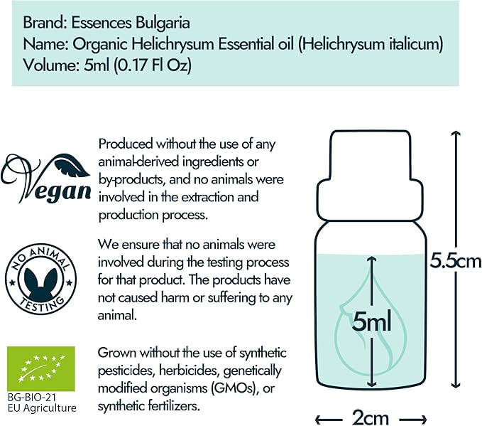 Essences Bulgaria Organic Helichrysum Essential Oil 1/6 Fl Oz | 5ml | Helichrysum italicum | 100% Pure and Natural | Undiluted | Therapeutic Grade | Family Owned Farm | Steam-Distilled | Non-GMO