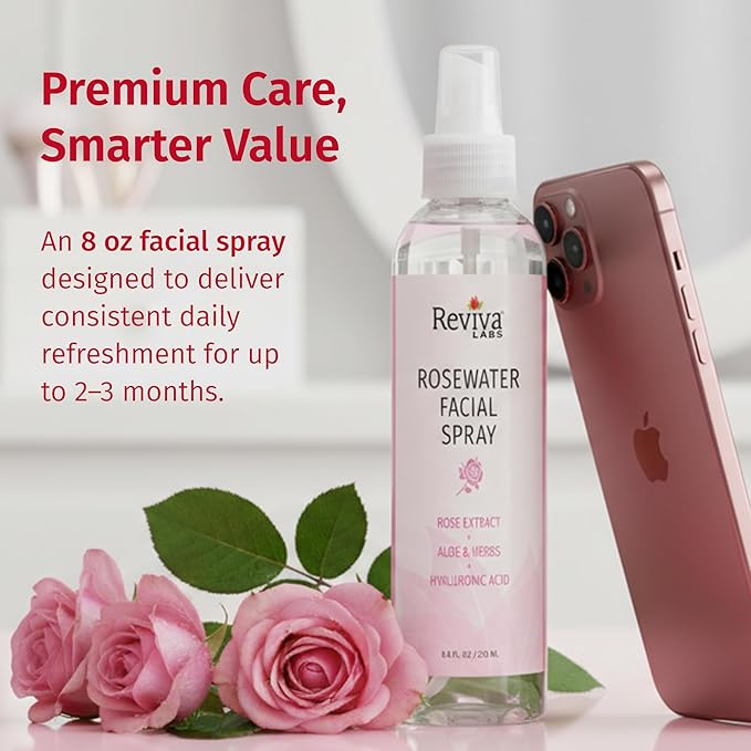 Reviva Labs Rosewater Facial Spray with Soothing Aloe, Herbs & Hyaluronic Acid - Hydrating Rose Water Spray for Face Agua de Rosas para La Cara - Face Mist Toner for All Skin Types, 8 Fl Oz (3 Pack)