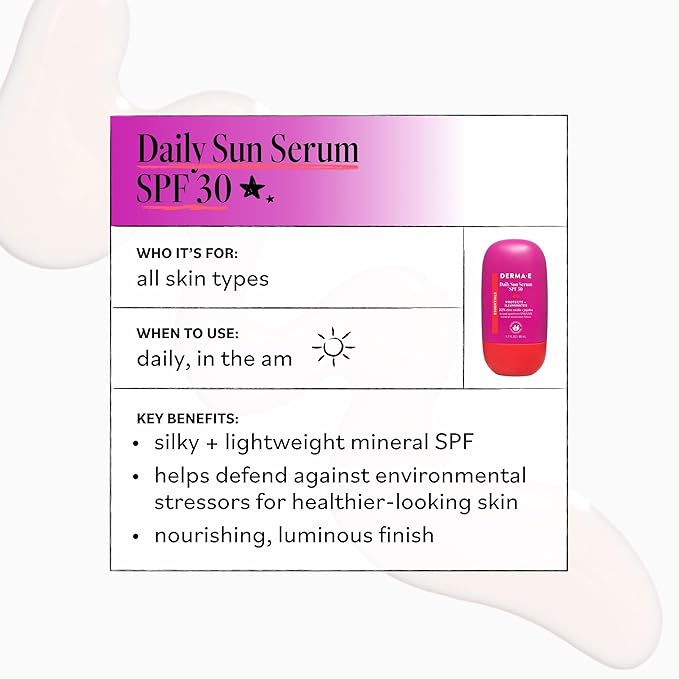 Derma-E Daily Sun Serum SPF 30, 1.7 Fl Oz, Mineral Facial Sunscreen with 22% Zinc Oxide, Fast Absorbing & Lightweight, Jojoba Oil, Bisabolol & Vitamin E, Sun Protection with Dewy Radiant Finish