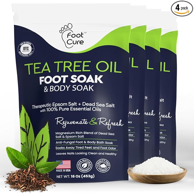 FOOT CURE Tea Tree Oil Foot Soak with Epsom Salts- for Foot Pain, Soreness, Athletes Foot, Odors, Toe Nail Fungus, Fungal, Calluses (Pack of 4)