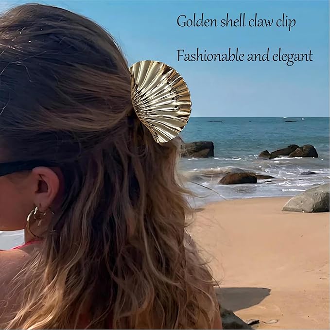 3PCS Seashell Claw Clip for Women 3.74 Inch Gold Shell Claw Clip for Thick/Thin Hair Hawaiian Hair Accessories for Girls, Hawaii Tropical Decor for Summer Beach Vacation (Gold White Blue Gradient)