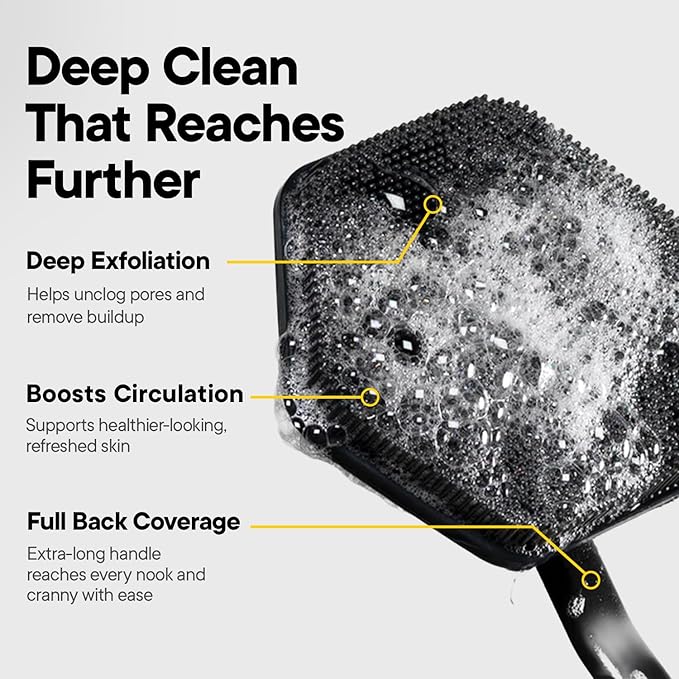 TOOLETRIES Silicone Back Scrubber for Shower Exfoliating Back Brush for Men with Long Handle, Non Slip Grip Body Washer to Clean Hard to Reach Areas, Durable Bath Accessory - Charcoal