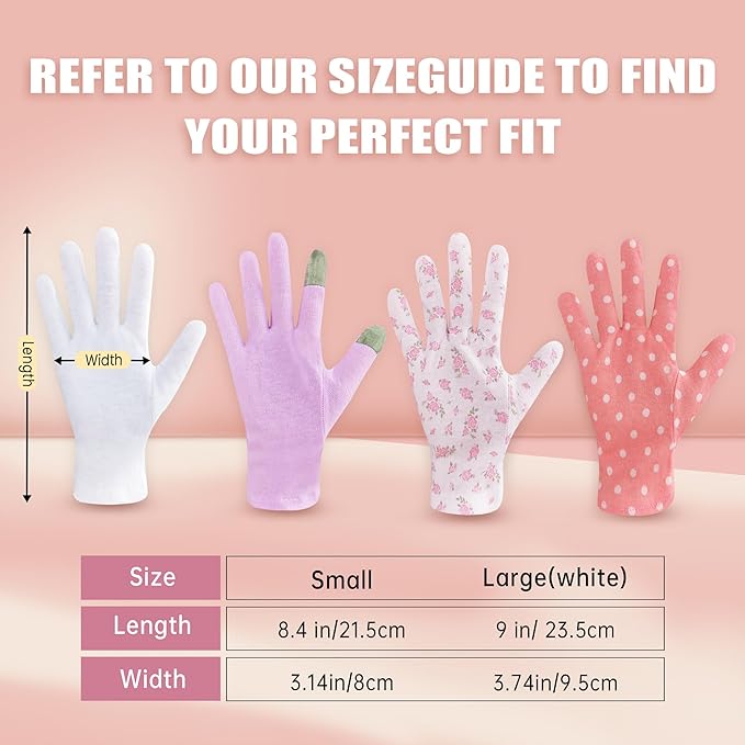 HandLove Premium 100% Cotton Gloves | Moisturizing Gloves for Dry Hands | Overnight Sleeping & Eczema | White Floral Dots, 12 Pairs