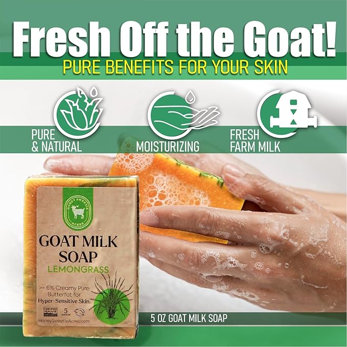 Honey Sweetie Acres Lemongrass Goat Milk Soap - Handmade 5 oz Bar, Made with Natural Ingredients, Moisturizing & Gentle, Made in the USA