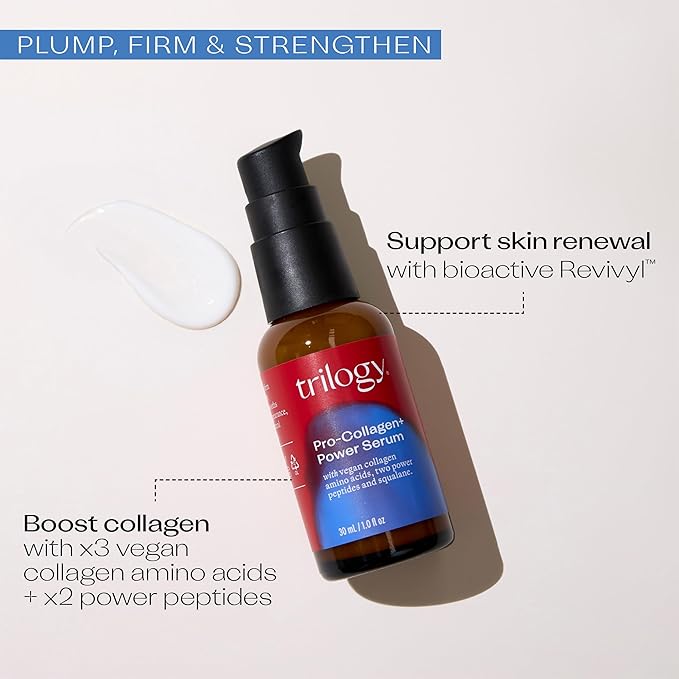 Trilogy Pro Collagen+ Power Serum, Firming and Renewing Essence with Vegan Collagen Amino Acids, Hyaluronic Acid and Squalane, 1.0 fl oz