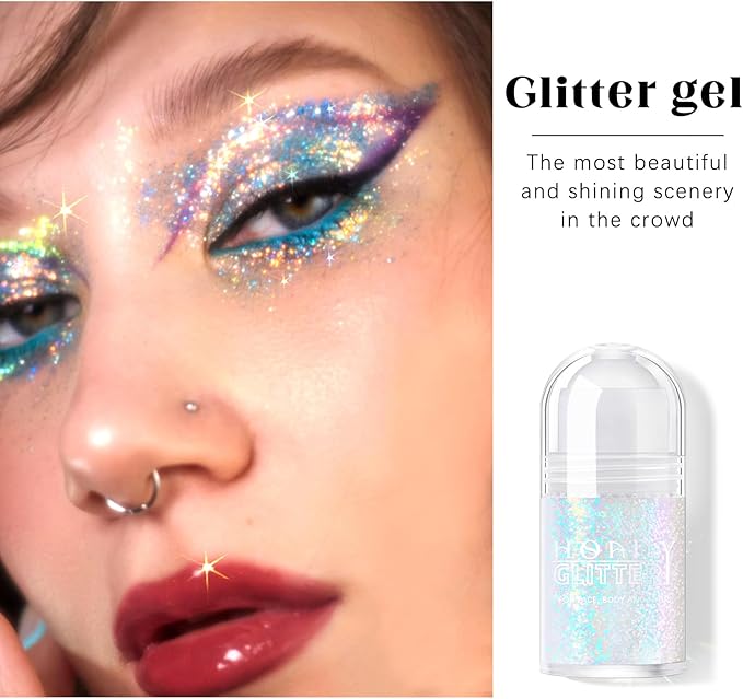 HOSAILY Roll-on Holographic Body Glitter Gel for Face Hair, Chameleon Color Changing Glitter Gel Under Light, Chunky Mermaid Sequins Festival Party Rave Accessories Shimmer Makeup (Golden Ocean)